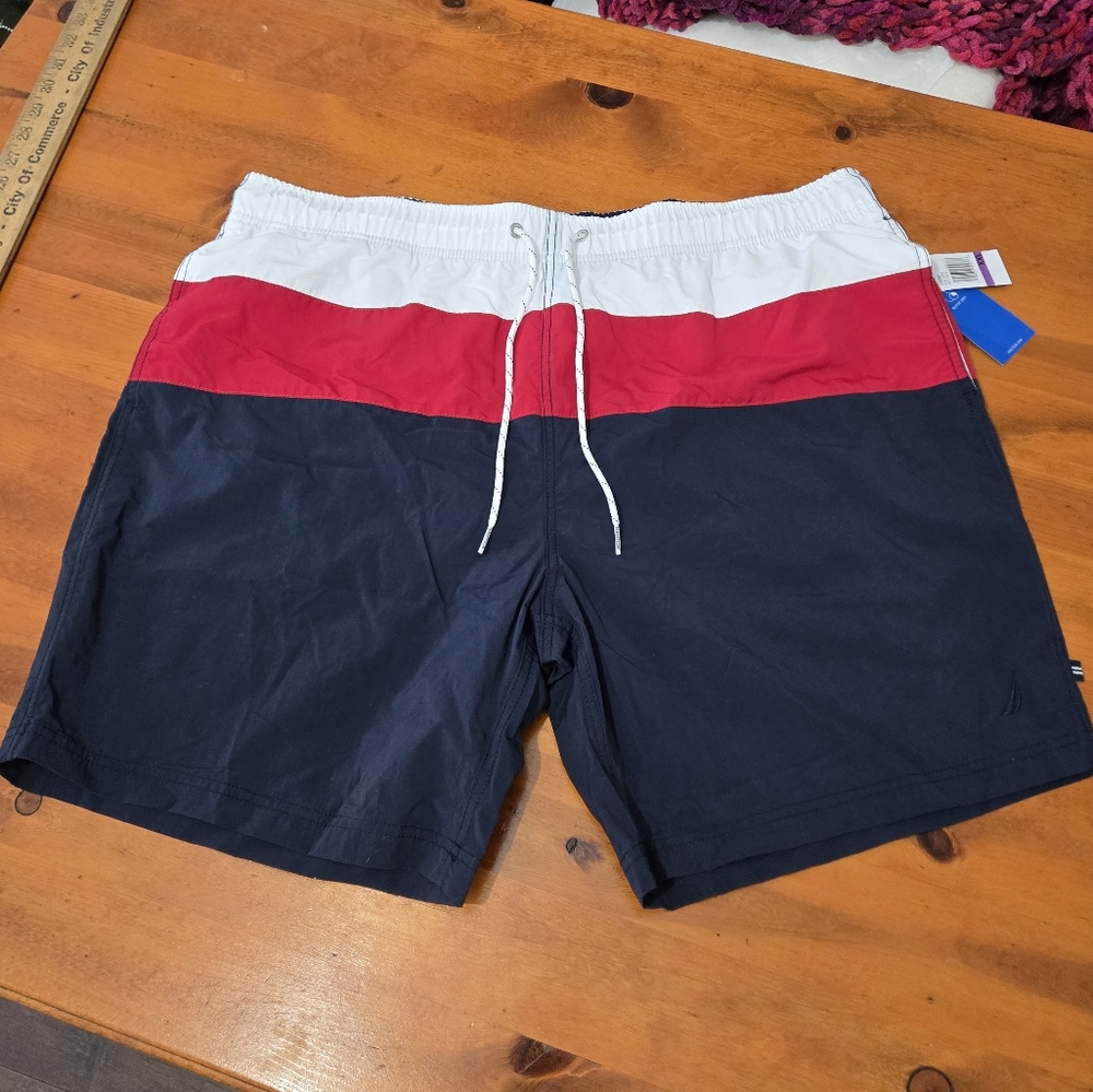 NAUTICA Red White Blue Performance Colorblock Drawstring Swim Trunks XXL
